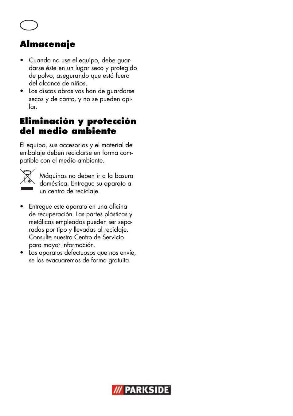 Almacenaje, Eliminación y protección del medio ambiente | Parkside PWS 125 B2 User Manual | Page 18 / 102