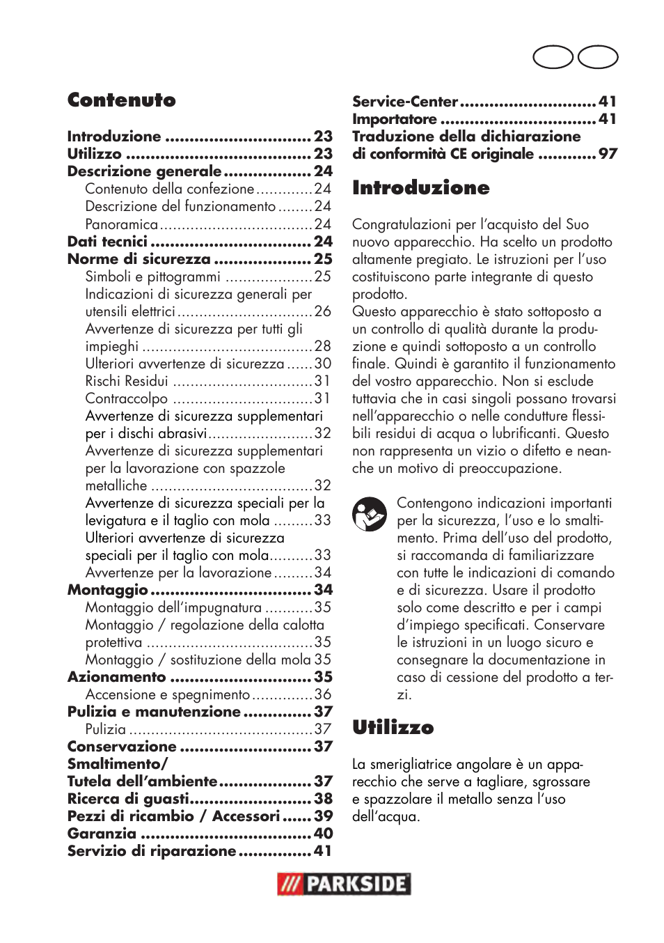 Contenuto, Introduzione, Utilizzo | It mt | Parkside PWS 125 B2 User Manual | Page 23 / 102