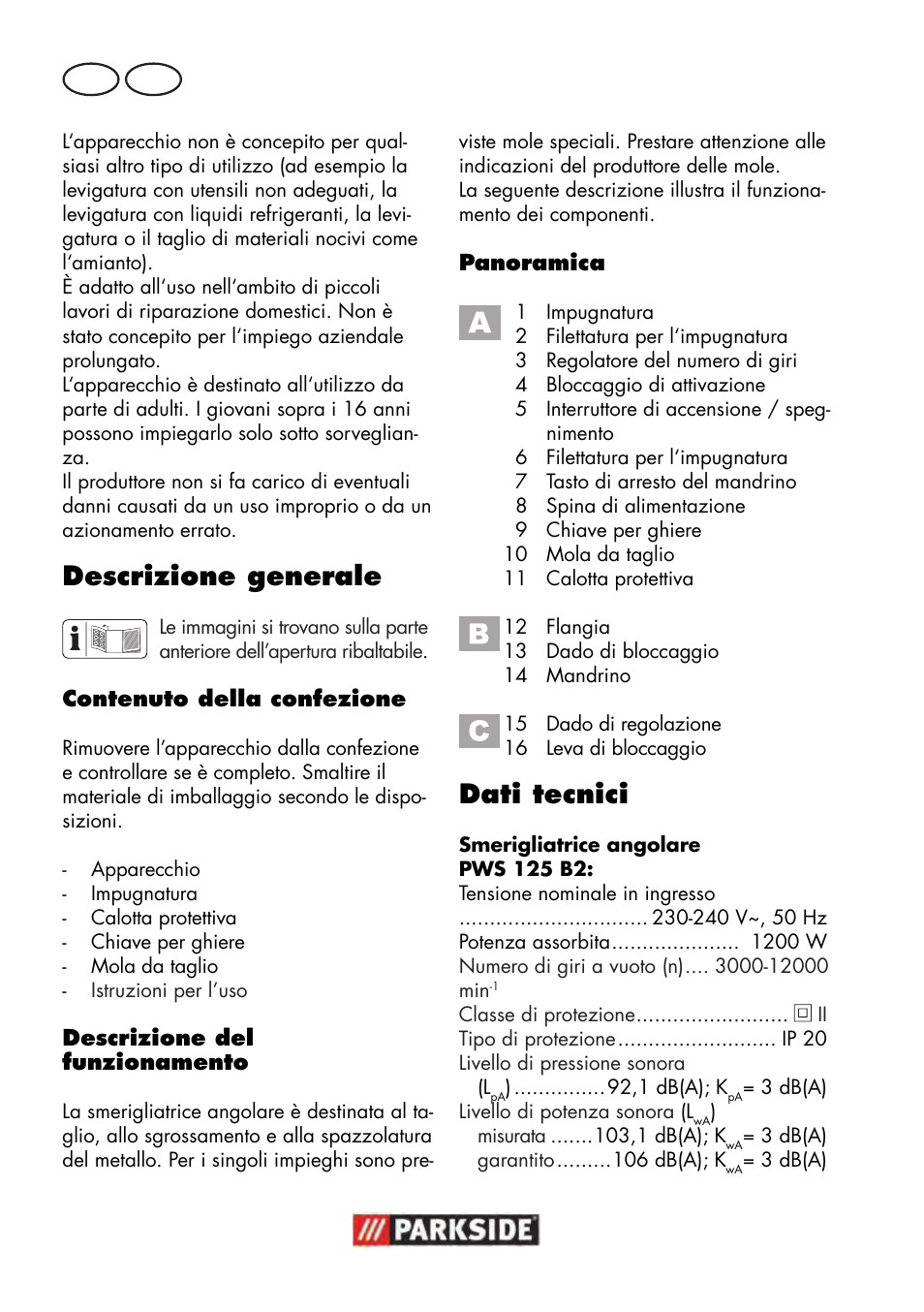 Descrizione generale, Dati tecnici, It mt | Parkside PWS 125 B2 User Manual | Page 24 / 102