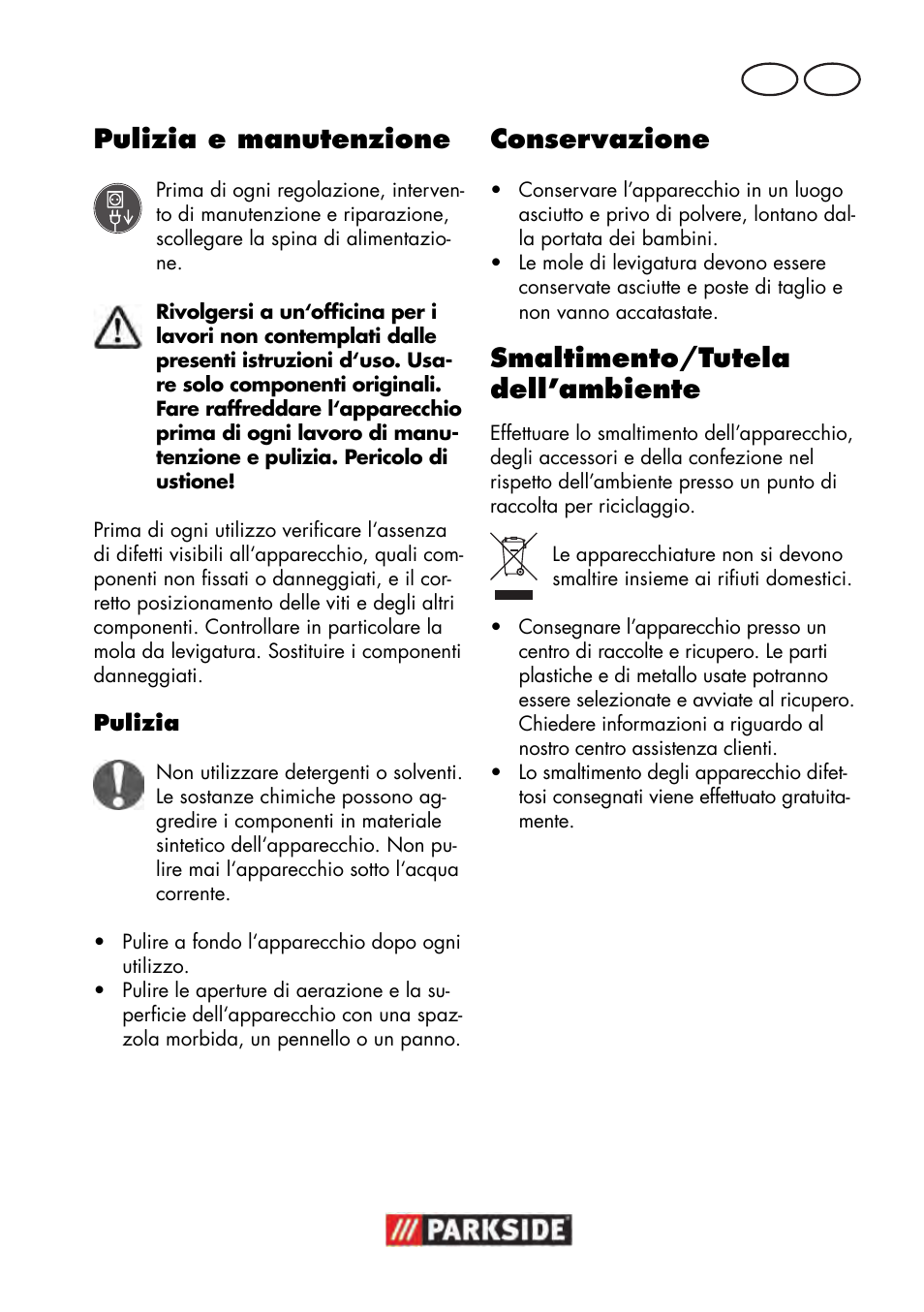 Pulizia e manutenzione, Conservazione, Smaltimento/tutela dell’ambiente | Parkside PWS 125 B2 User Manual | Page 37 / 102