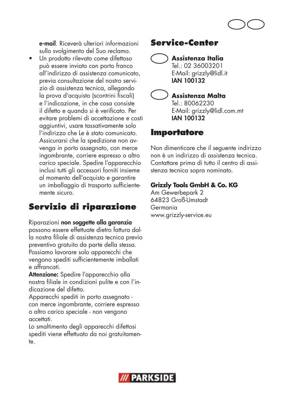 Servizio di riparazione, Service-center, Importatore | Parkside PWS 125 B2 User Manual | Page 41 / 102