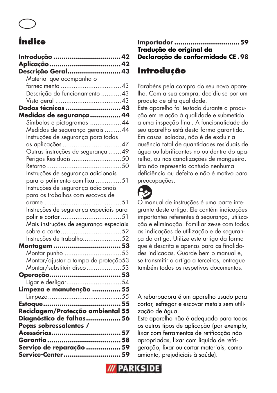 Índice, Introdução, Aplicação | Parkside PWS 125 B2 User Manual | Page 42 / 102