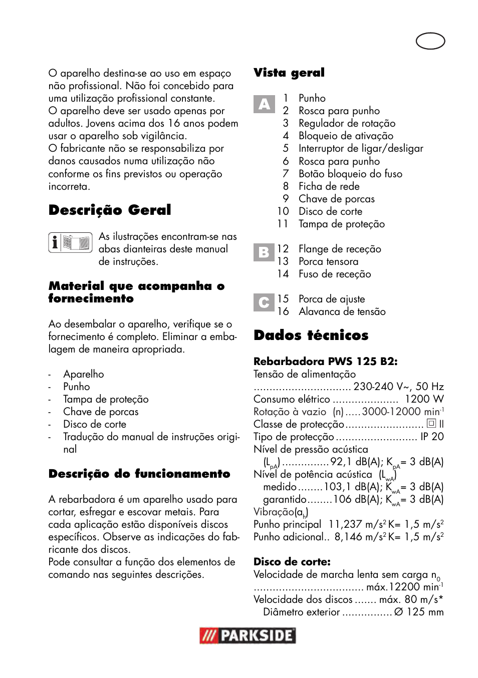 Descrição geral, Dados técnicos | Parkside PWS 125 B2 User Manual | Page 43 / 102