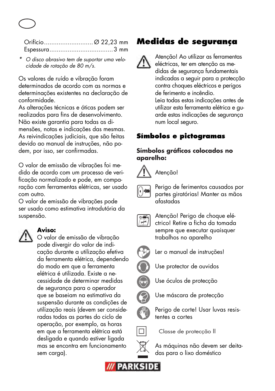 Medidas de segurança | Parkside PWS 125 B2 User Manual | Page 44 / 102