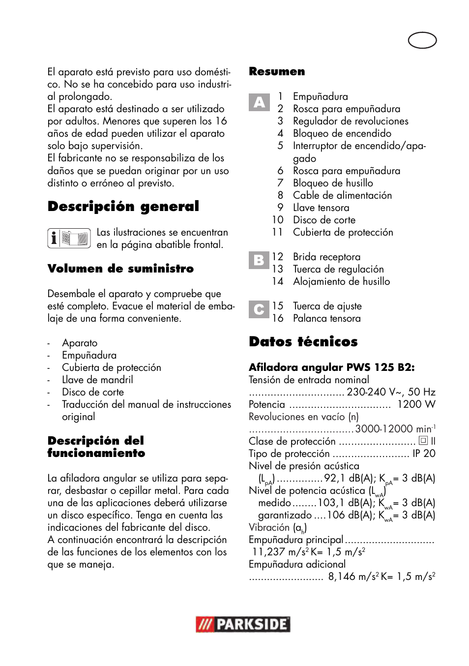 Descripción general, Datos técnicos | Parkside PWS 125 B2 User Manual | Page 5 / 102