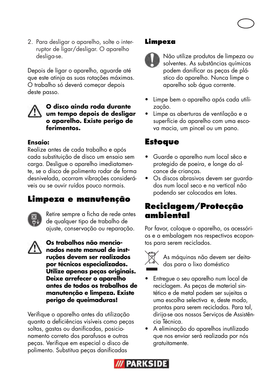 Limpeza e manutenção, Estoque, Reciclagem/protecção ambiental | Parkside PWS 125 B2 User Manual | Page 55 / 102