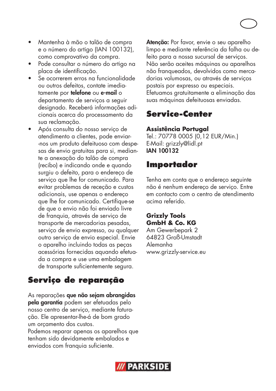 Serviço de reparação, Service-center, Importador | Parkside PWS 125 B2 User Manual | Page 59 / 102