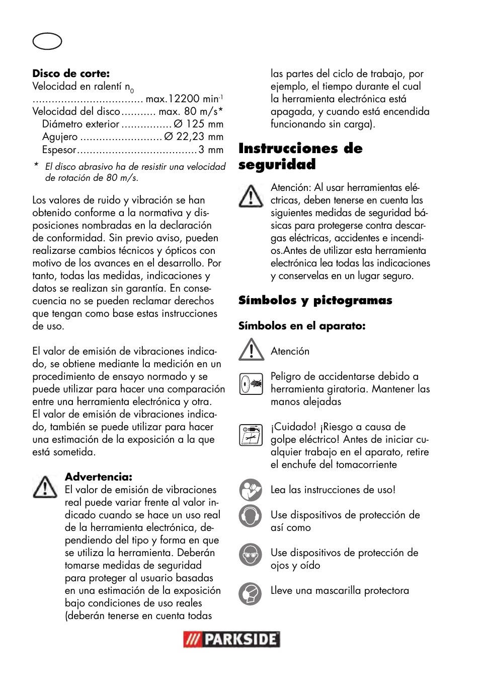 Instrucciones de seguridad | Parkside PWS 125 B2 User Manual | Page 6 / 102