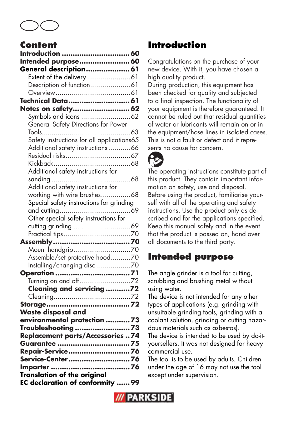 Content, Introduction, Intended purpose | Gb mt | Parkside PWS 125 B2 User Manual | Page 60 / 102