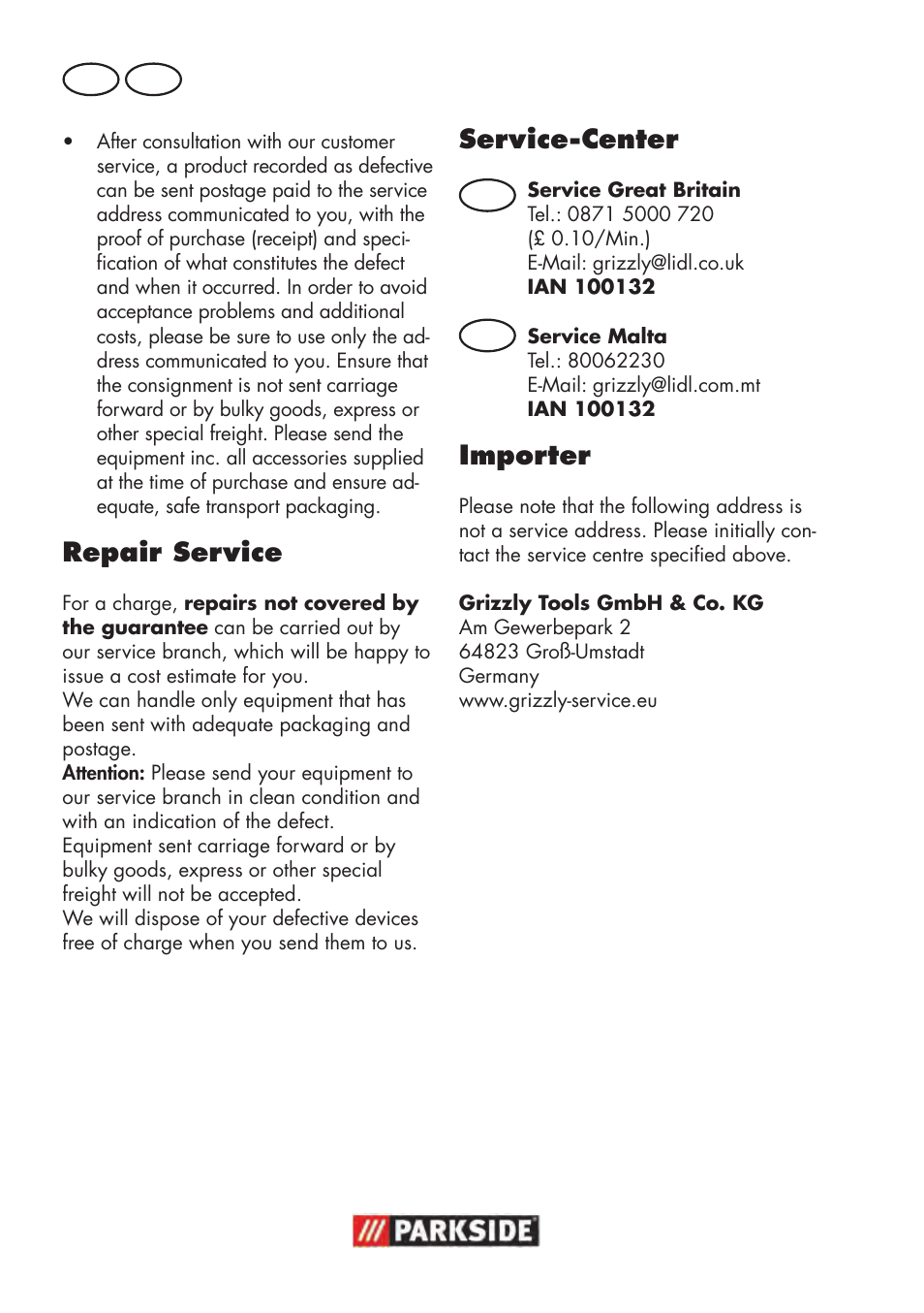 Repair service, Service-center, Importer | Parkside PWS 125 B2 User Manual | Page 76 / 102