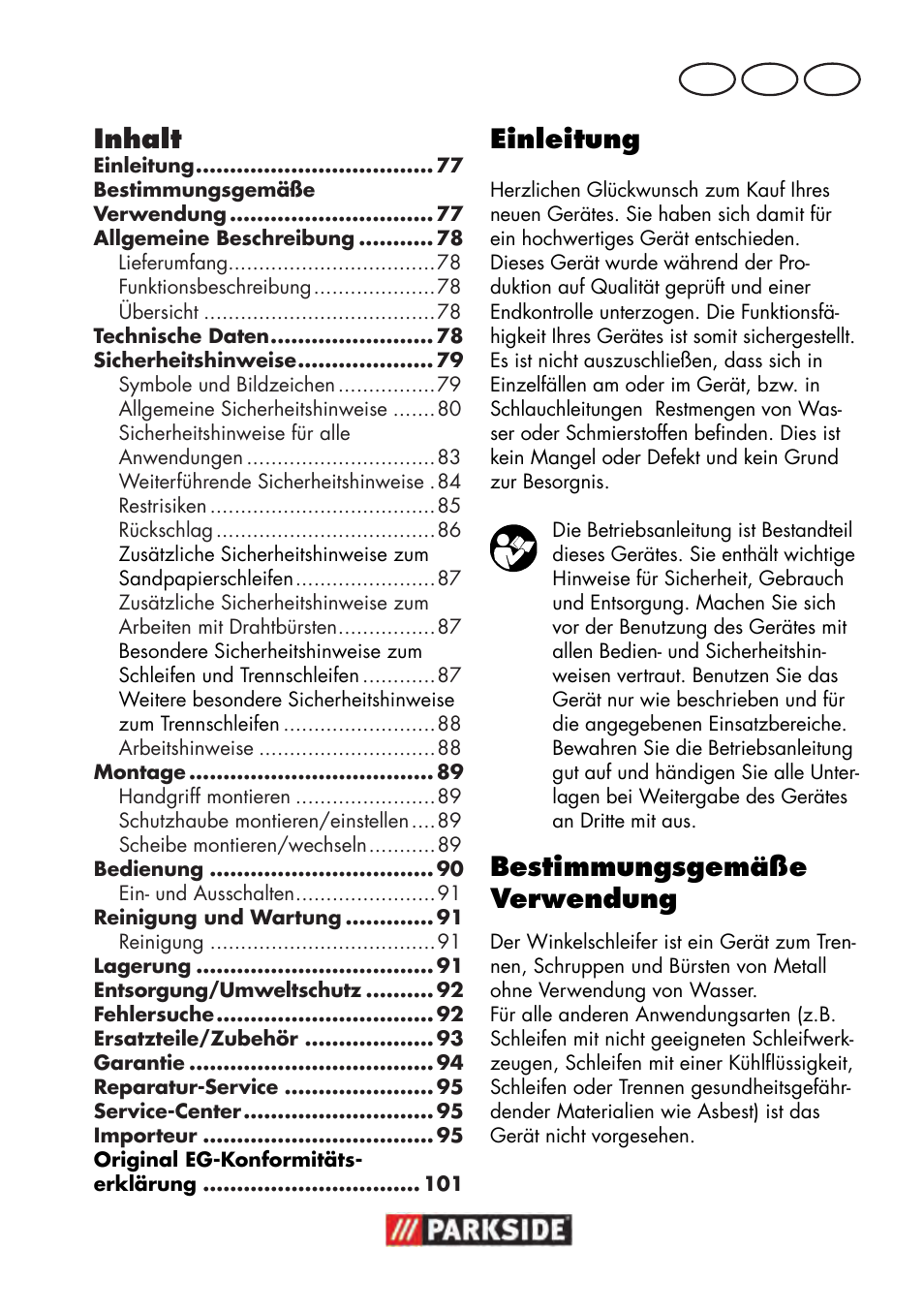 Inhalt, Einleitung, Bestimmungsgemäße verwendung | De at ch | Parkside PWS 125 B2 User Manual | Page 77 / 102