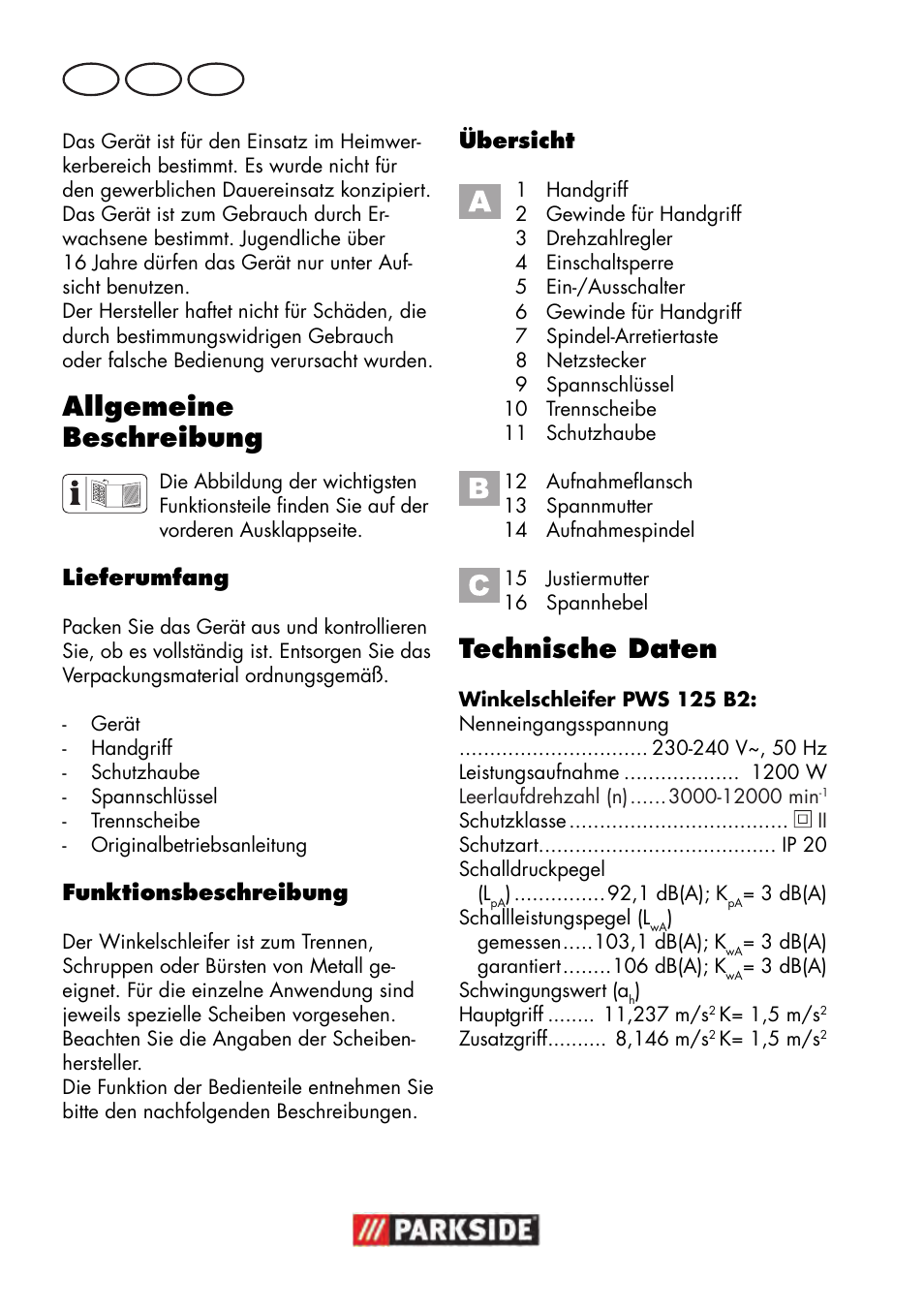 Allgemeine beschreibung, Technische daten, De at ch | Parkside PWS 125 B2 User Manual | Page 78 / 102