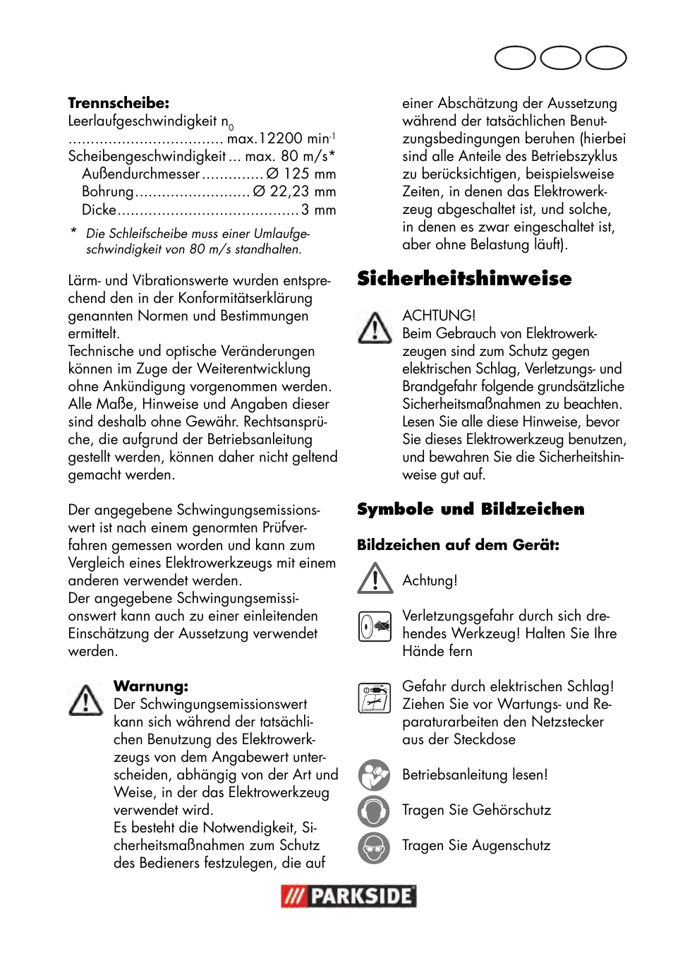 Sicherheitshinweise, De at ch | Parkside PWS 125 B2 User Manual | Page 79 / 102