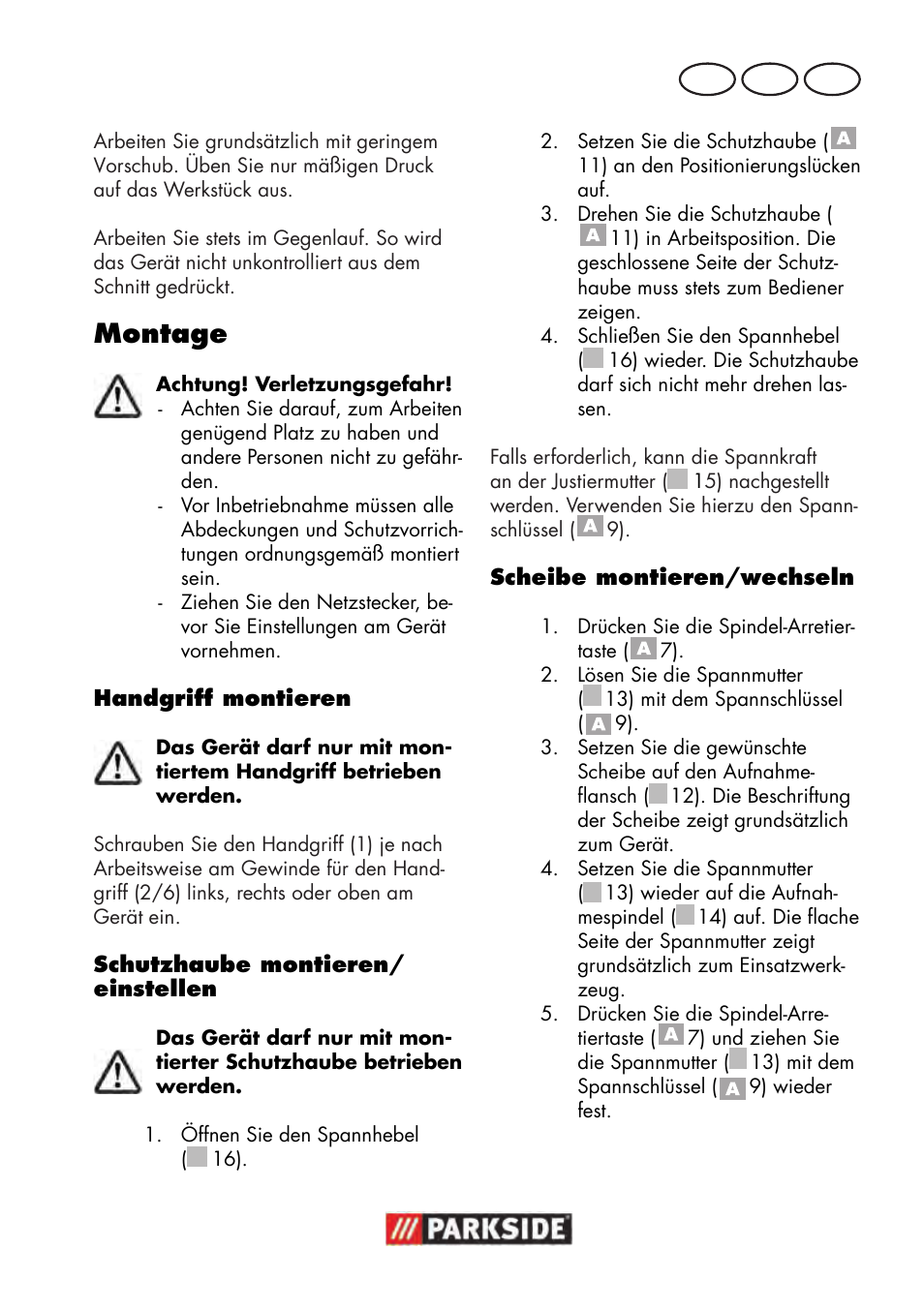 Montage, De at ch | Parkside PWS 125 B2 User Manual | Page 89 / 102