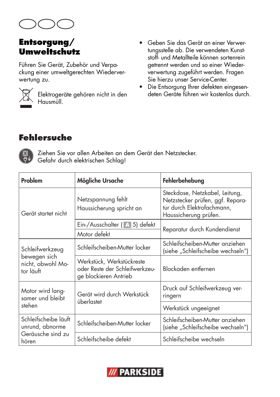 Entsorgung/ umweltschutz, Fehlersuche, De at ch | Parkside PWS 125 B2 User Manual | Page 92 / 102