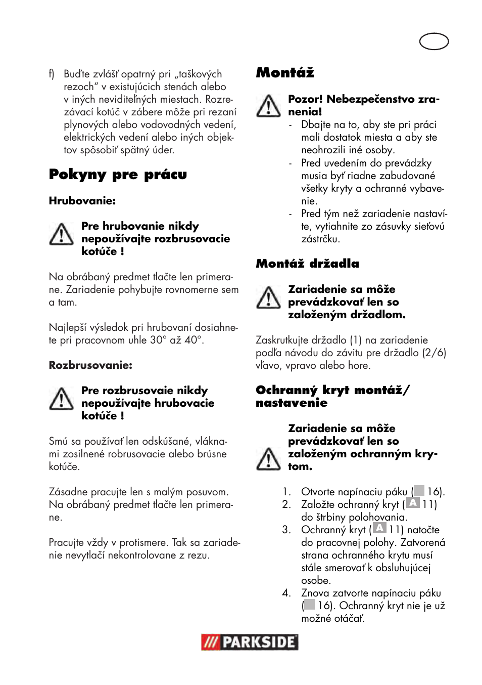 Pokyny pre prácu, Montáž | Parkside PWS 125 B2 User Manual | Page 105 / 142