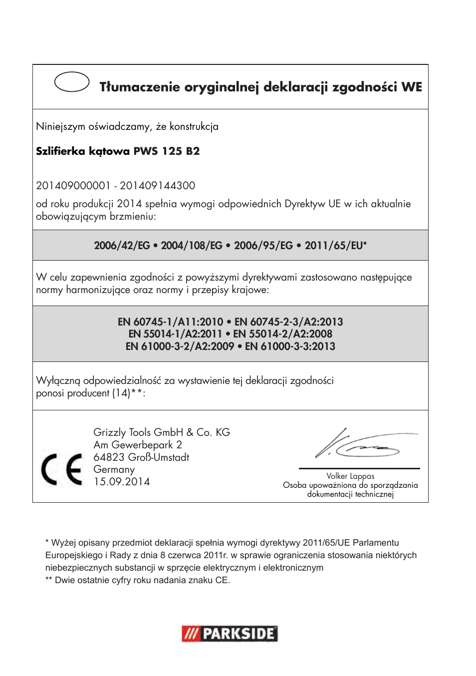 Tłumaczenie oryginalnej deklaracji zgodności we | Parkside PWS 125 B2 User Manual | Page 134 / 142