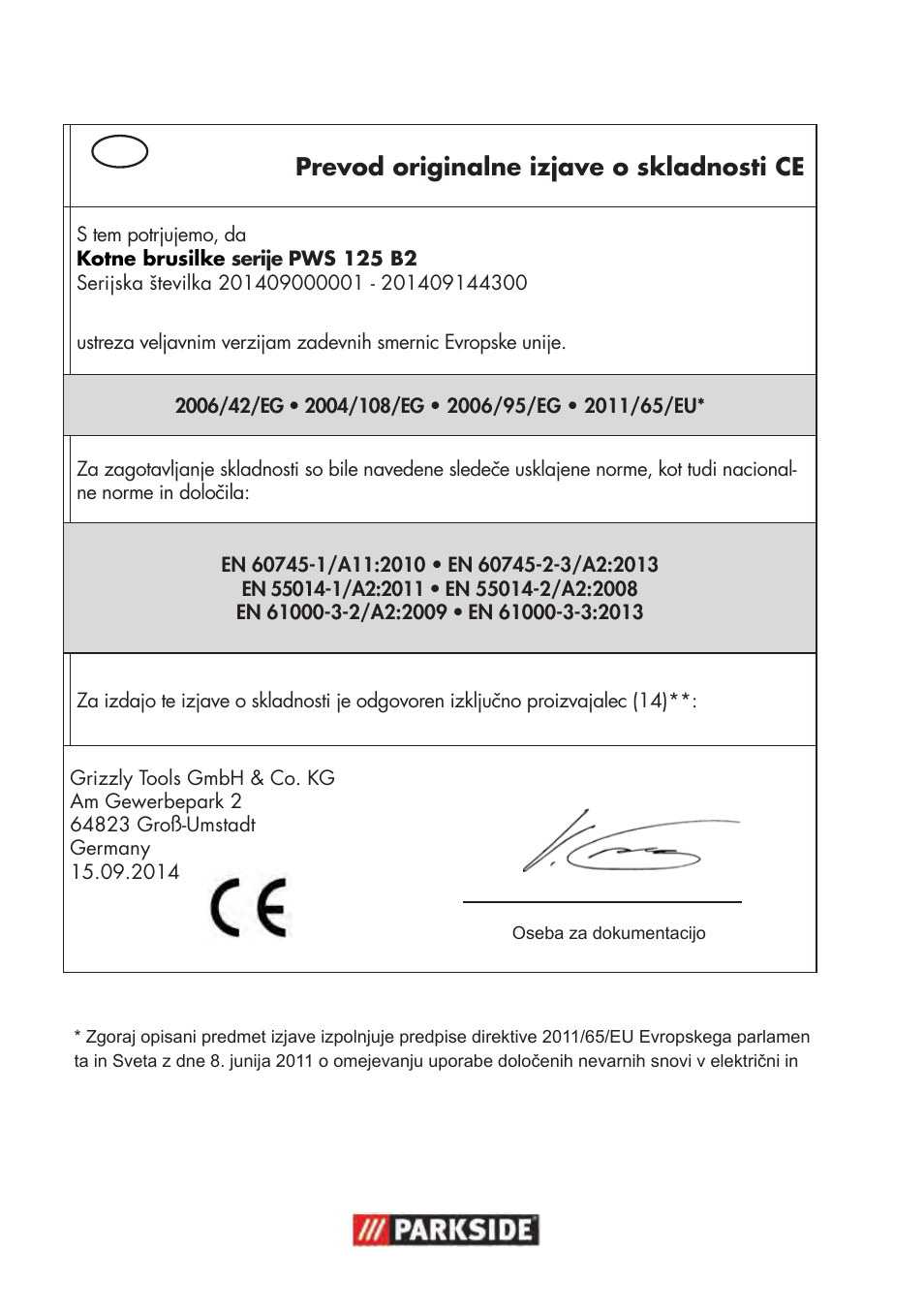 Prevod originalne izjave o skladnosti ce | Parkside PWS 125 B2 User Manual | Page 136 / 142