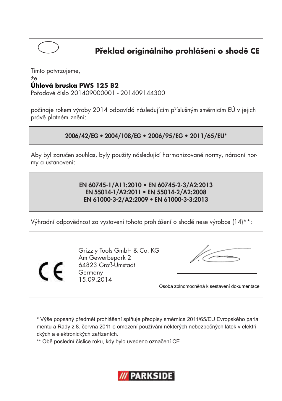 Překlad originálního prohlášení o shodě ce | Parkside PWS 125 B2 User Manual | Page 137 / 142