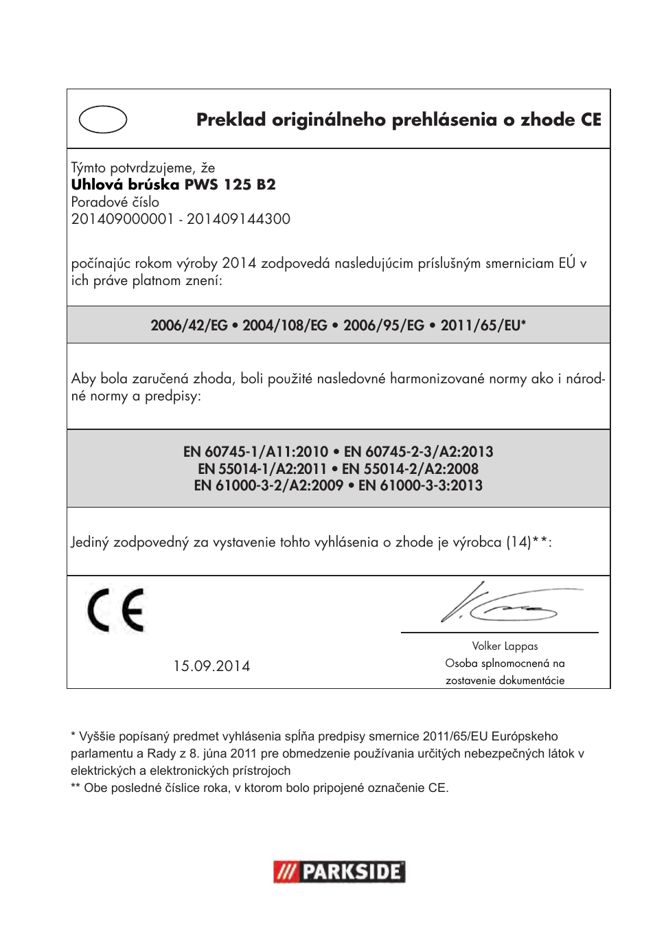 Preklad originálneho prehlásenia o zhode ce | Parkside PWS 125 B2 User Manual | Page 139 / 142