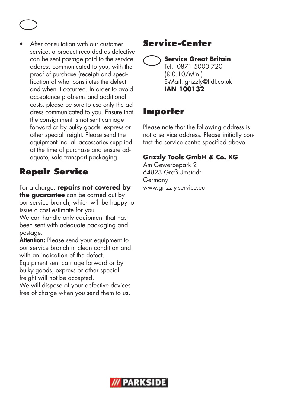 Repair service, Service-center, Importer | Parkside PWS 125 B2 User Manual | Page 20 / 142