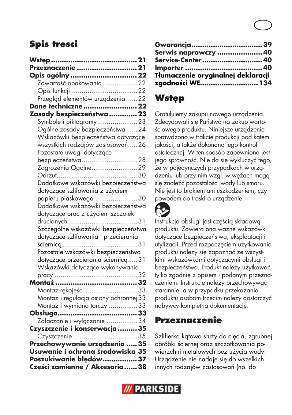 Spis tresci, Wstęp, Przeznaczenie | Parkside PWS 125 B2 User Manual | Page 21 / 142