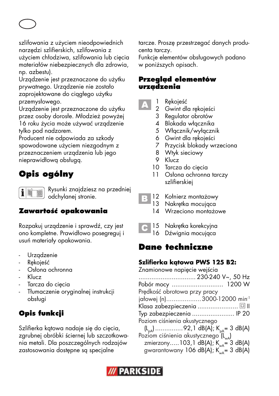 Opis ogólny, Dane techniczne | Parkside PWS 125 B2 User Manual | Page 22 / 142