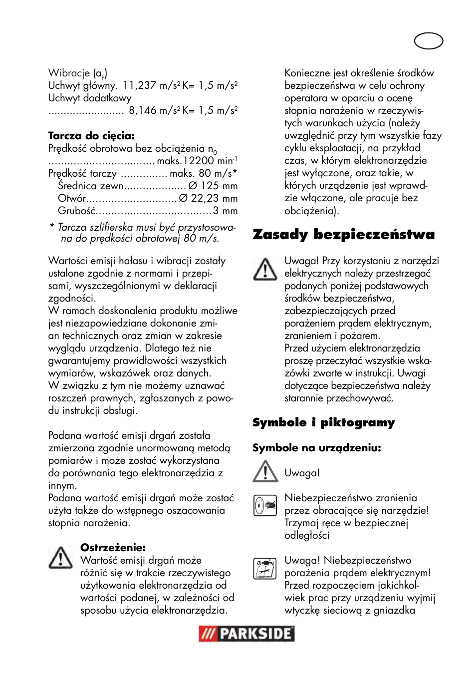 Zasady bezpieczeństwa | Parkside PWS 125 B2 User Manual | Page 23 / 142