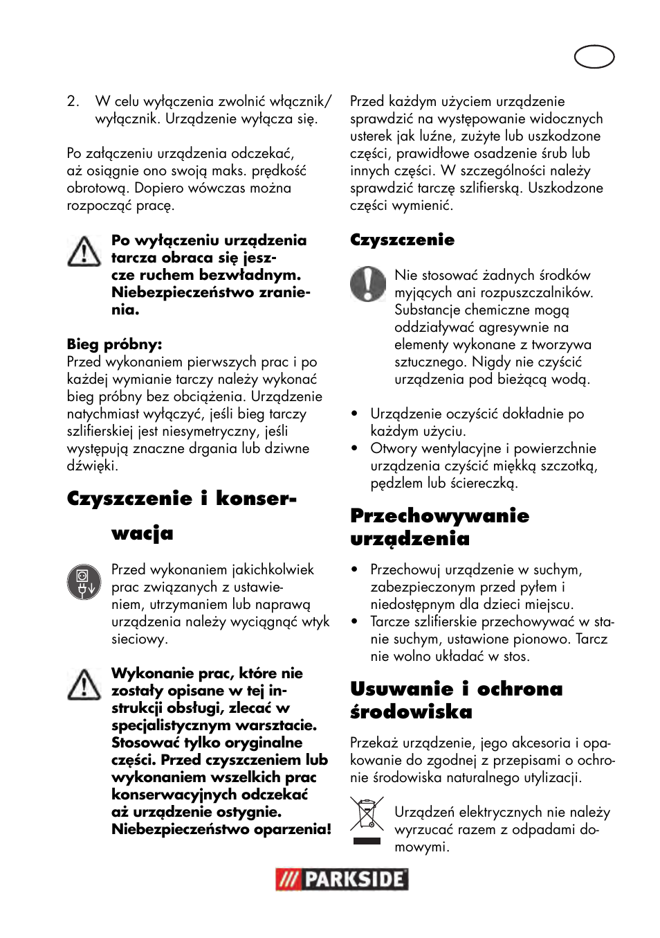 Czyszczenie i konser- wacja, Przechowywanie urządzenia, Usuwanie i ochrona środowiska | Parkside PWS 125 B2 User Manual | Page 35 / 142