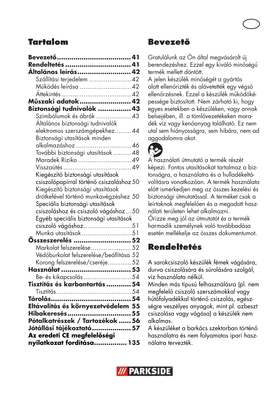 Tartalom, Bevezető, Rendeltetés | Parkside PWS 125 B2 User Manual | Page 41 / 142