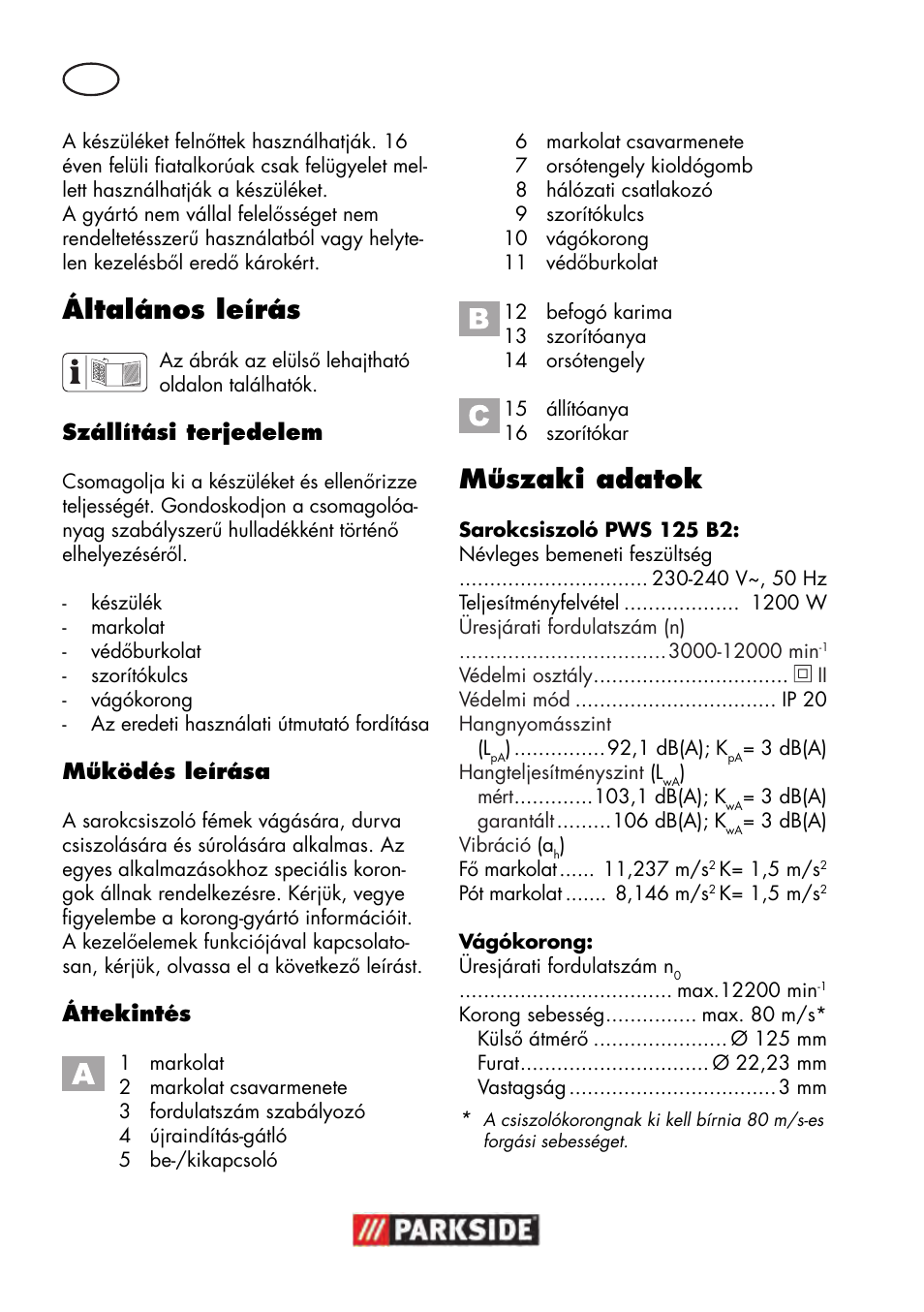 Általános leírás, Műszaki adatok | Parkside PWS 125 B2 User Manual | Page 42 / 142