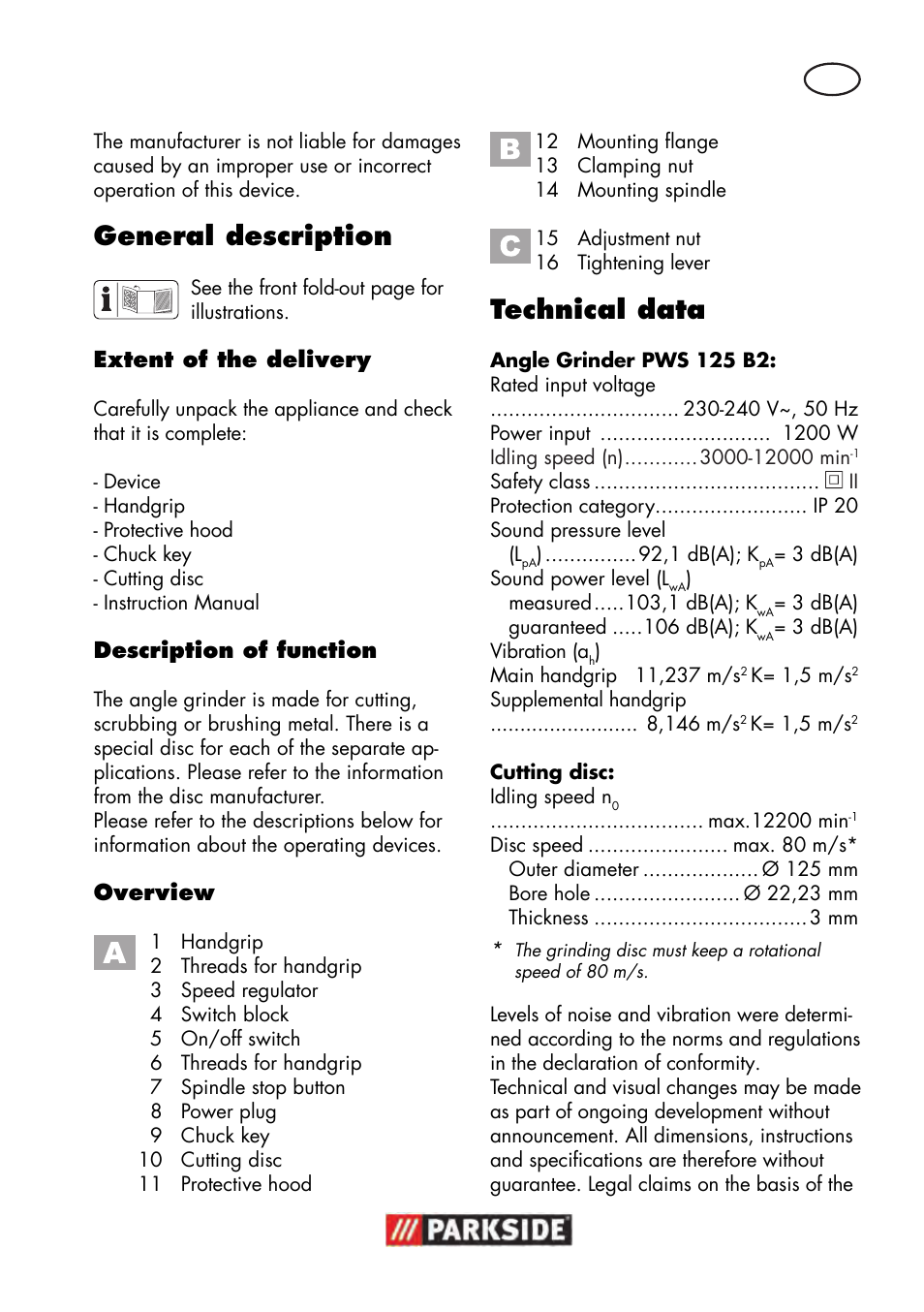 General description, Technical data | Parkside PWS 125 B2 User Manual | Page 5 / 142