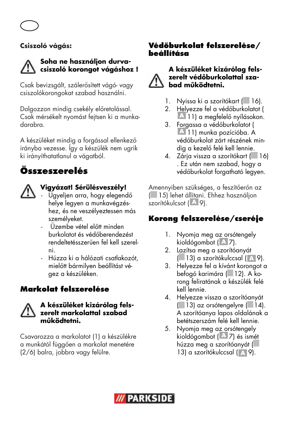 Összeszerelés | Parkside PWS 125 B2 User Manual | Page 52 / 142