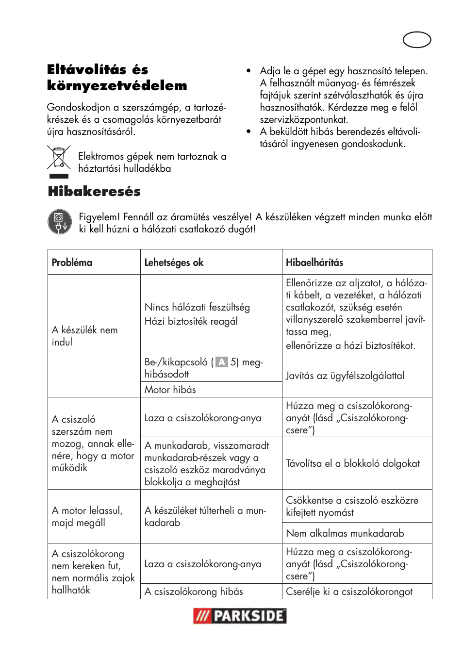 Eltávolítás és környezetvédelem, Hibakeresés | Parkside PWS 125 B2 User Manual | Page 55 / 142