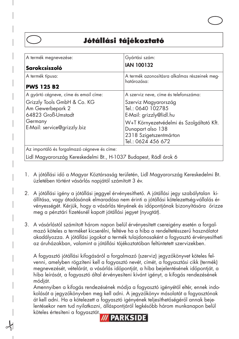 Jótállási tájékoztató | Parkside PWS 125 B2 User Manual | Page 57 / 142