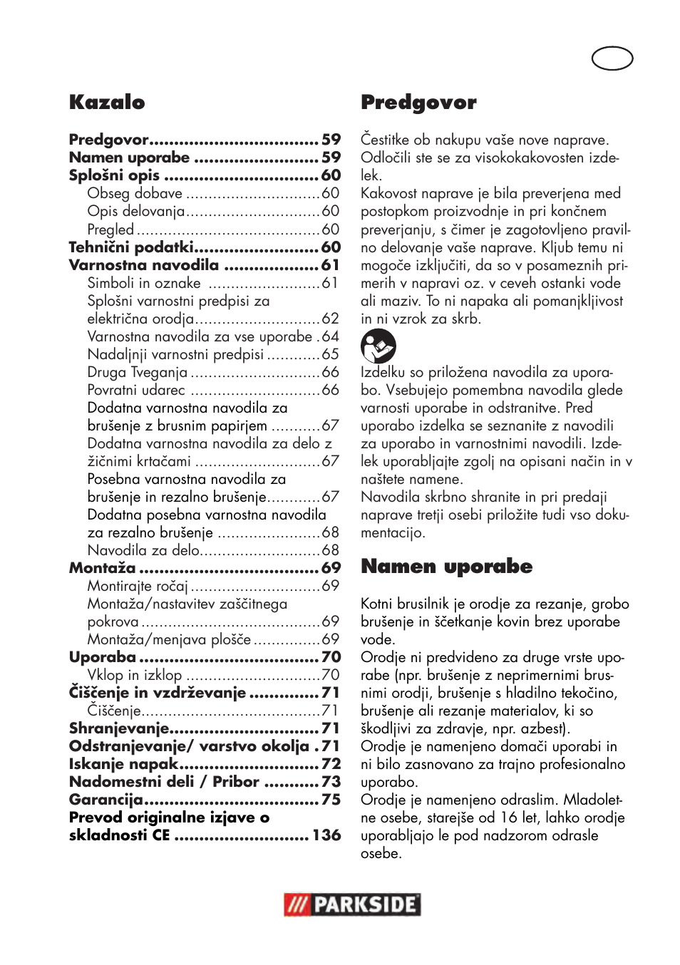 Kazalo, Predgovor, Namen uporabe | Parkside PWS 125 B2 User Manual | Page 59 / 142