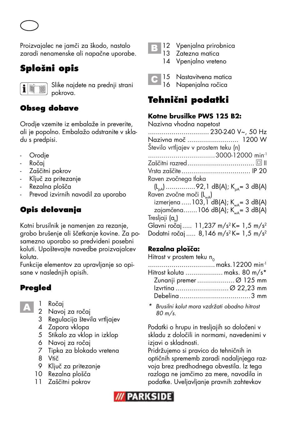 Splošni opis, Tehnični podatki | Parkside PWS 125 B2 User Manual | Page 60 / 142