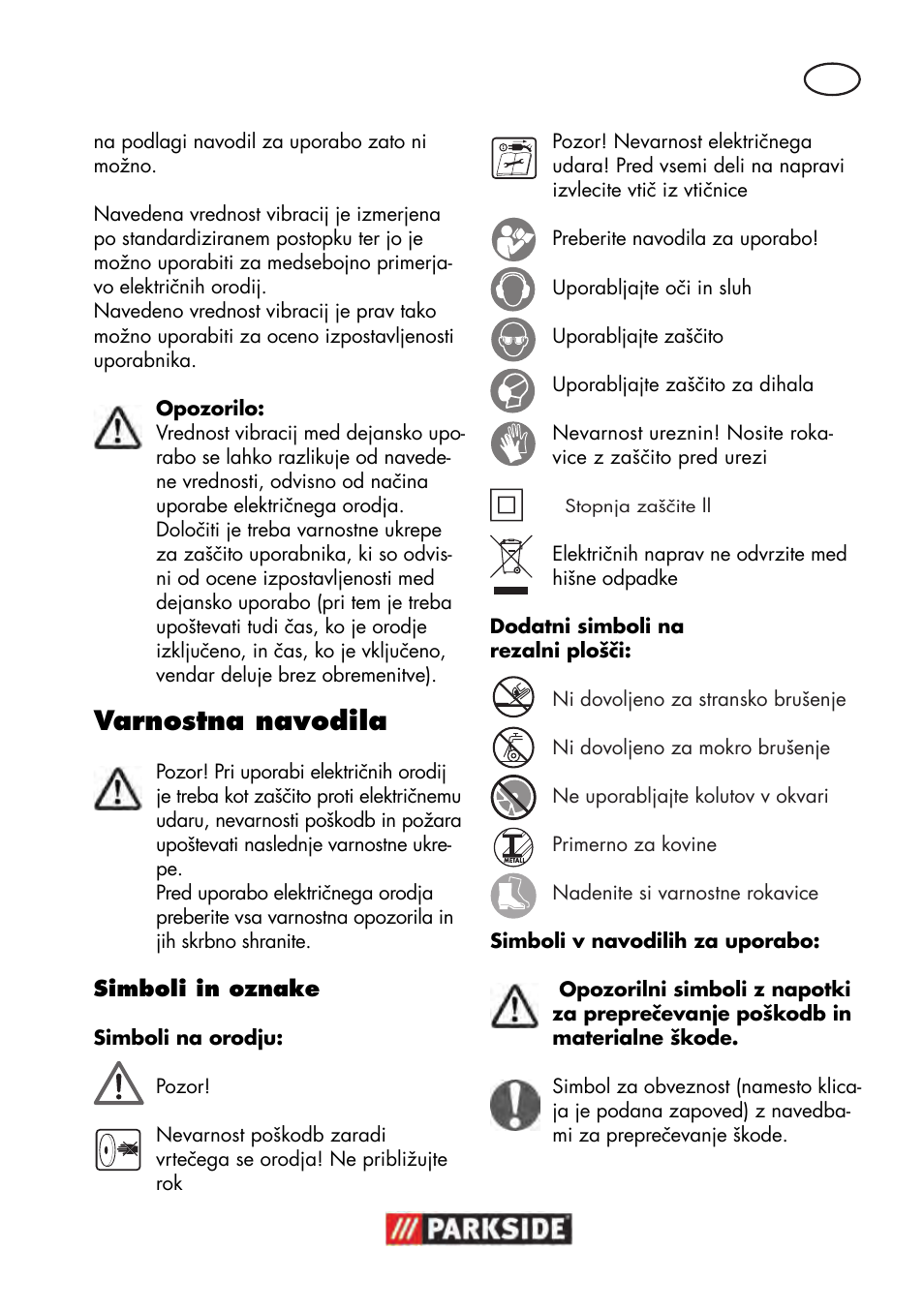 Varnostna navodila | Parkside PWS 125 B2 User Manual | Page 61 / 142