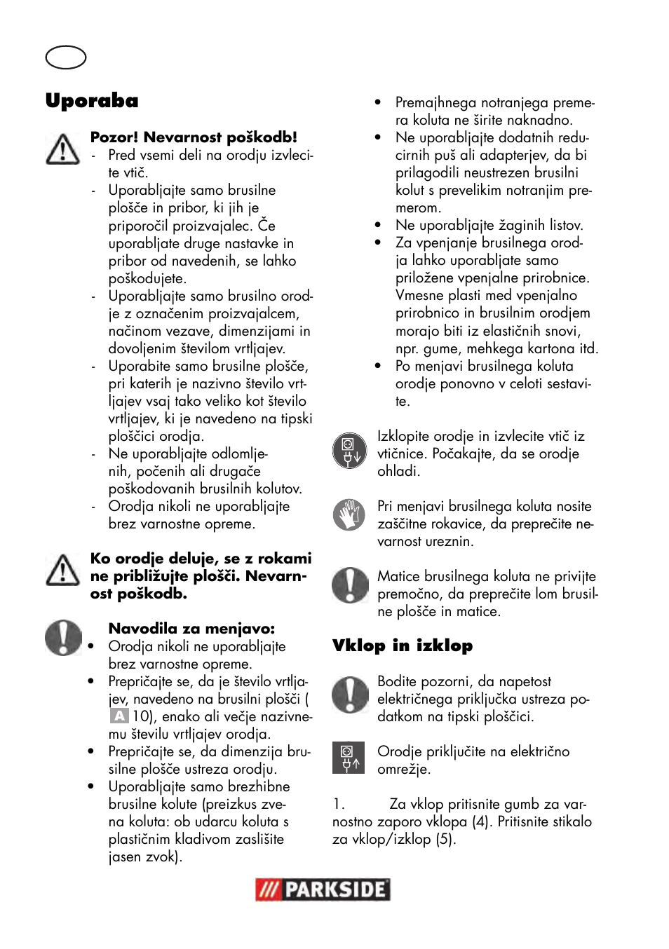 Uporaba | Parkside PWS 125 B2 User Manual | Page 70 / 142