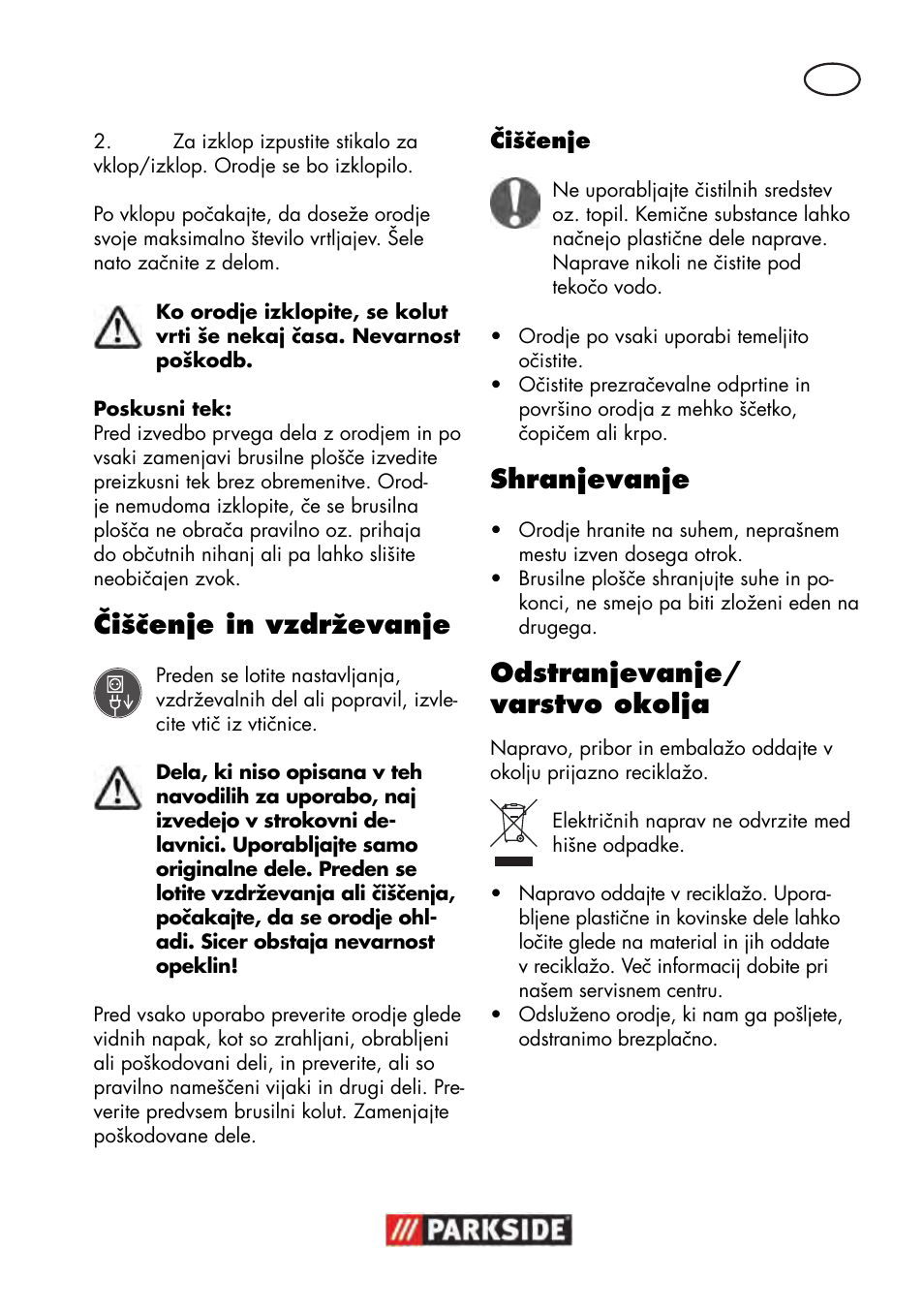 Čiščenje in vzdrževanje, Shranjevanje, Odstranjevanje/ varstvo okolja | Parkside PWS 125 B2 User Manual | Page 71 / 142