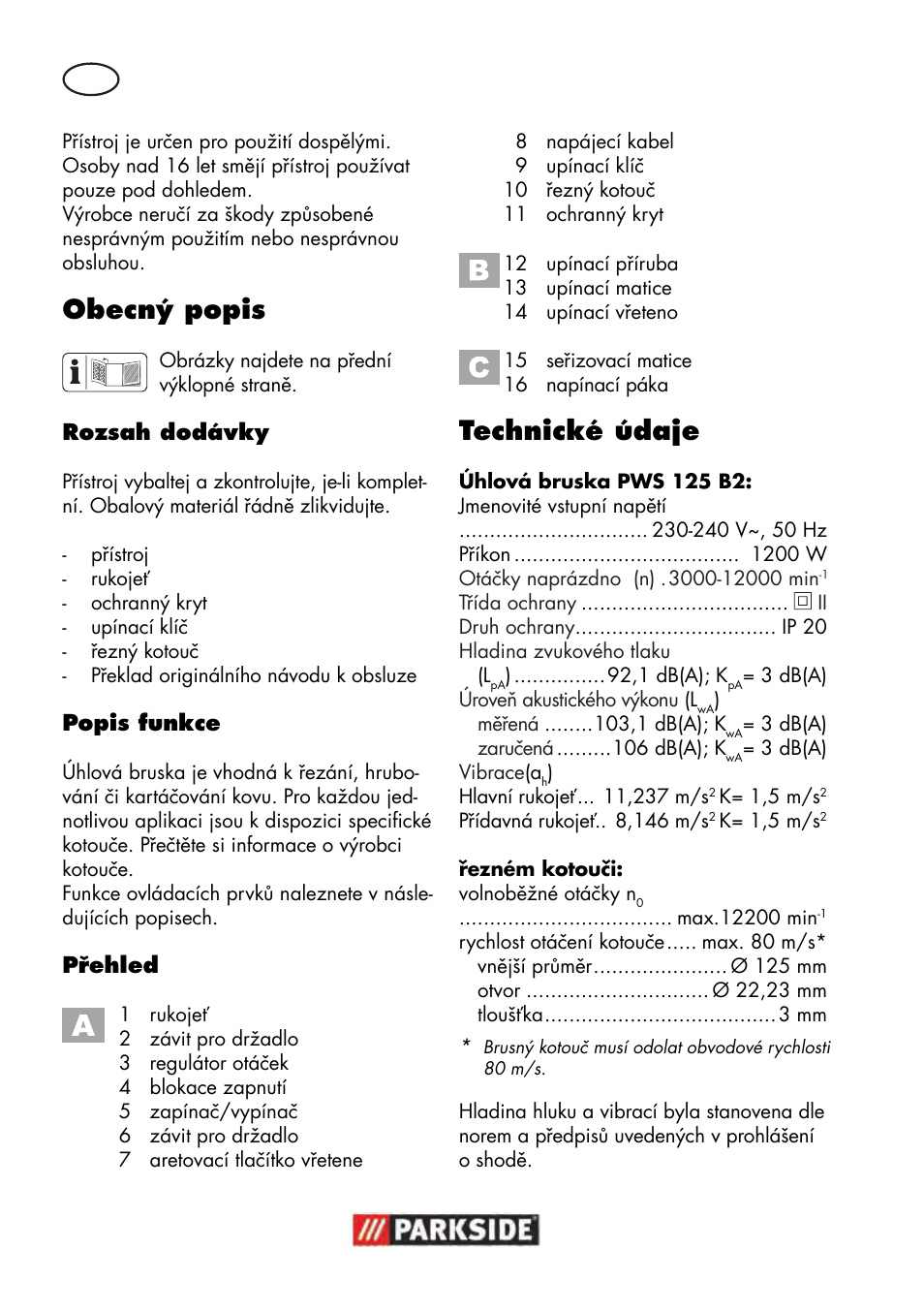 Obecný popis, Technické údaje | Parkside PWS 125 B2 User Manual | Page 78 / 142