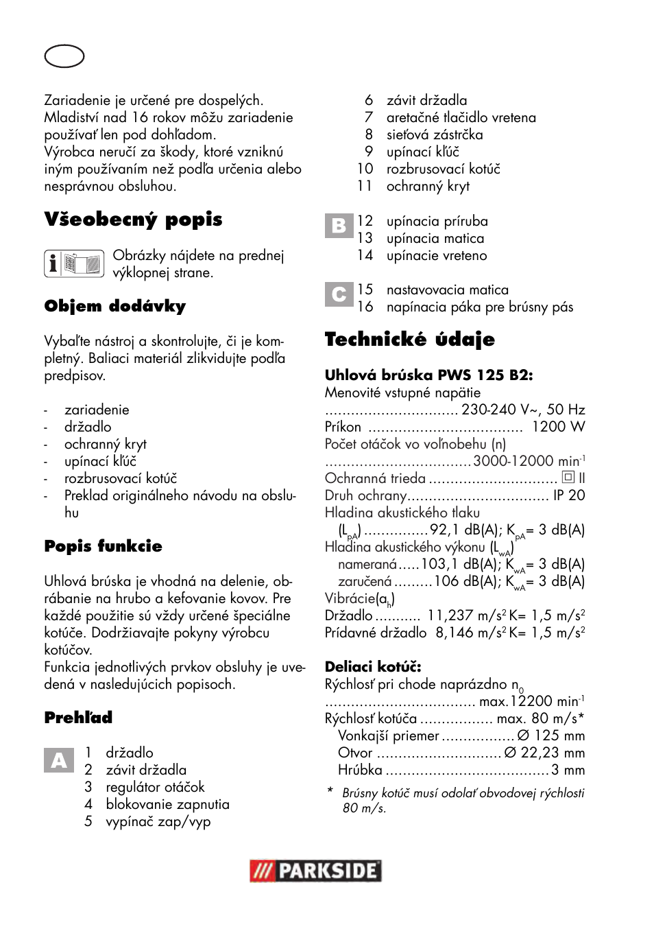 Všeobecný popis, Technické údaje | Parkside PWS 125 B2 User Manual | Page 96 / 142