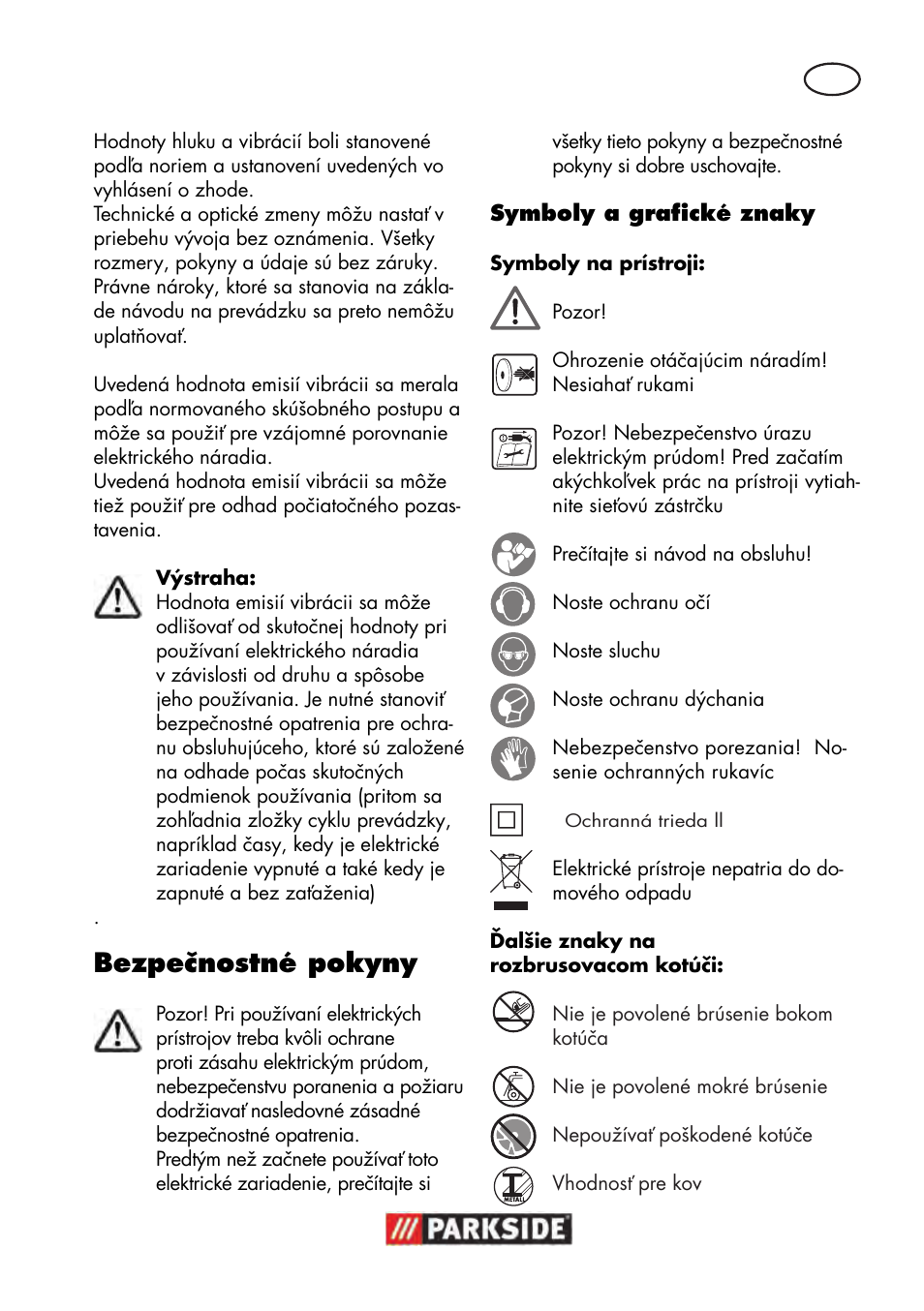 Bezpečnostné pokyny | Parkside PWS 125 B2 User Manual | Page 97 / 142