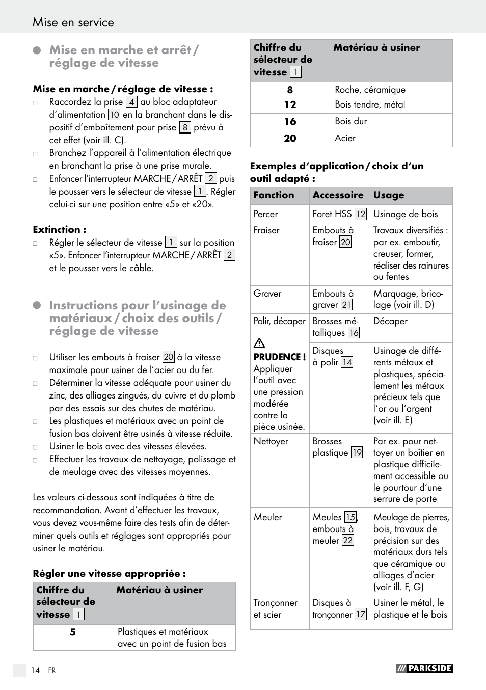 Mise en service, Mise en marche et arrêt / réglage de vitesse | Parkside PMGS 12 B2 User Manual | Page 14 / 40