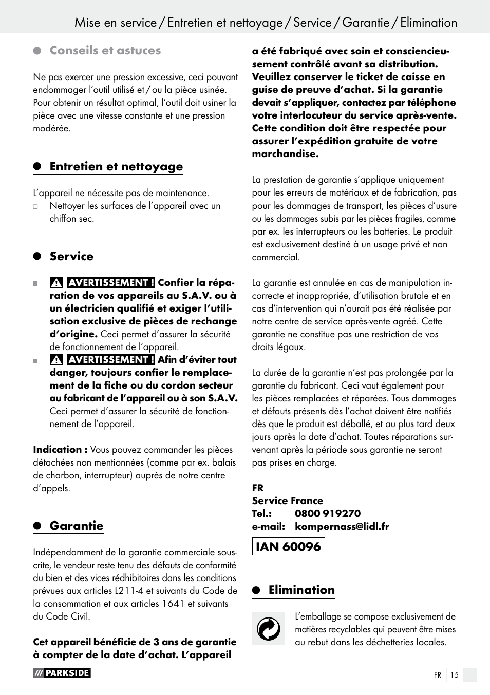 Conseils et astuces, Entretien et nettoyage, Service | Garantie, Elimination | Parkside PMGS 12 B2 User Manual | Page 15 / 40