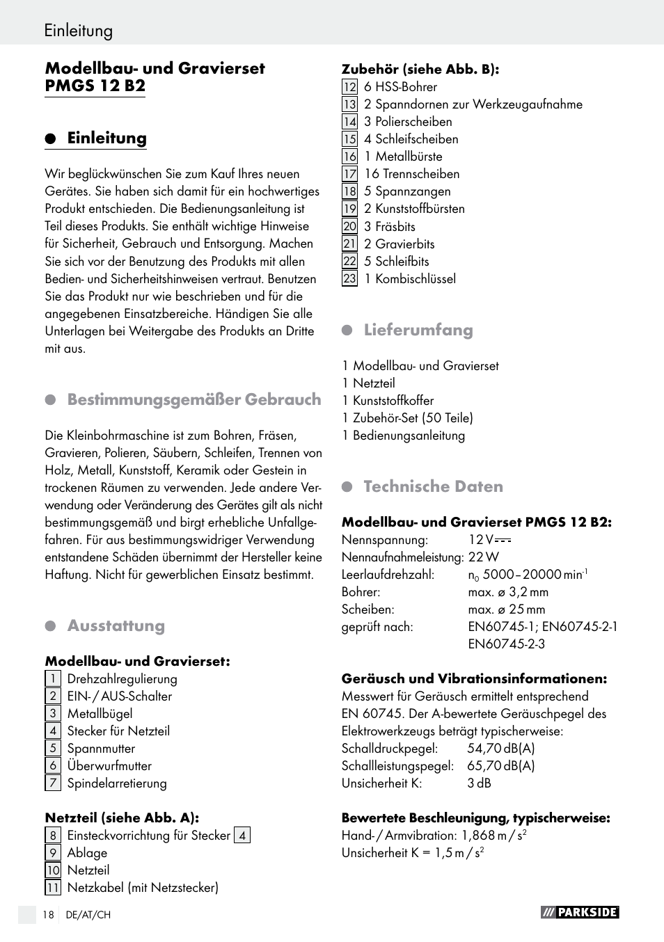 Einleitung, Modellbau- und gravierset pmgs 12 b2, Bestimmungsgemäßer gebrauch | Ausstattung, Lieferumfang, Technische daten | Parkside PMGS 12 B2 User Manual | Page 18 / 40