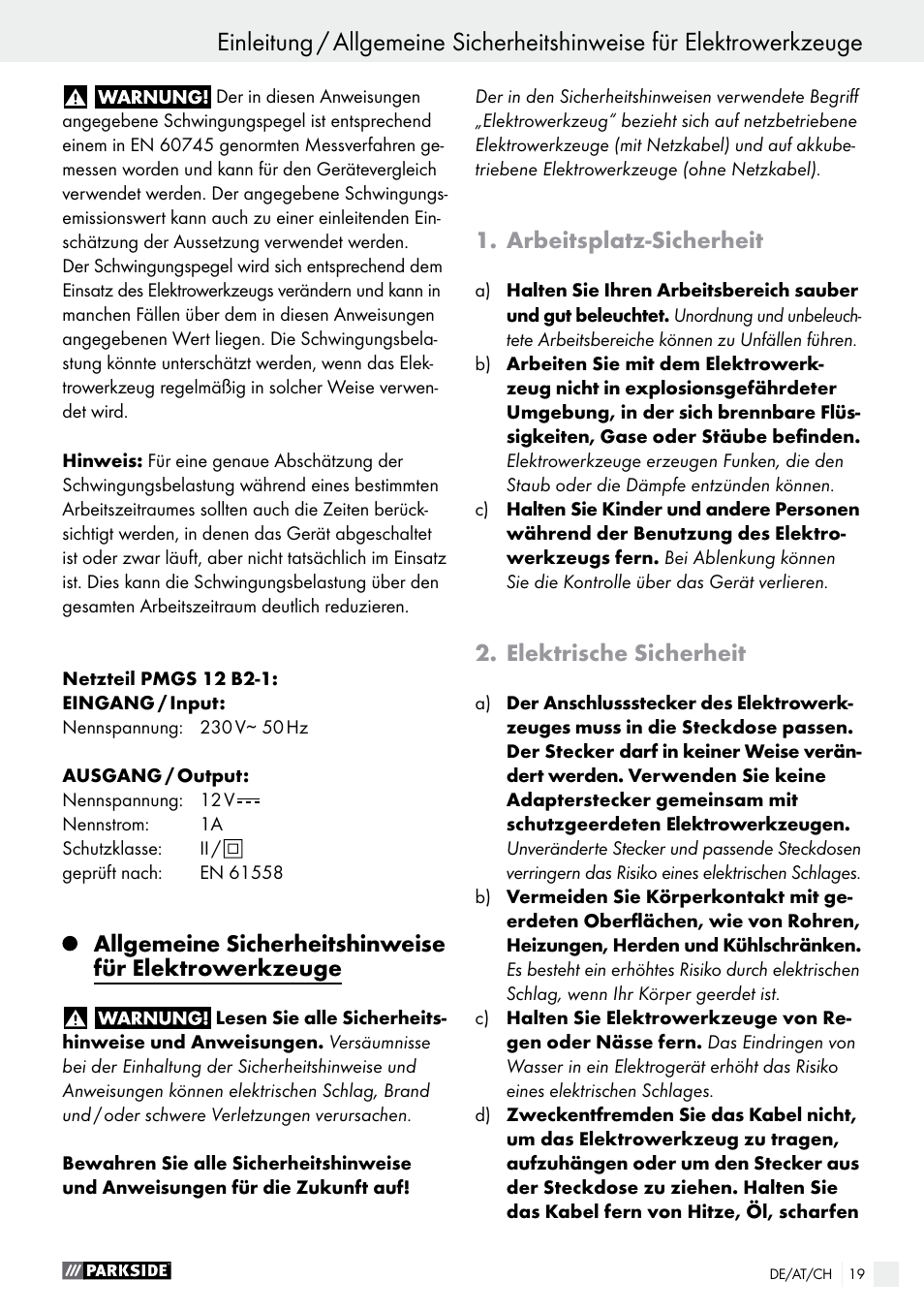 Arbeitsplatz-sicherheit, Elektrische sicherheit | Parkside PMGS 12 B2 User Manual | Page 19 / 40