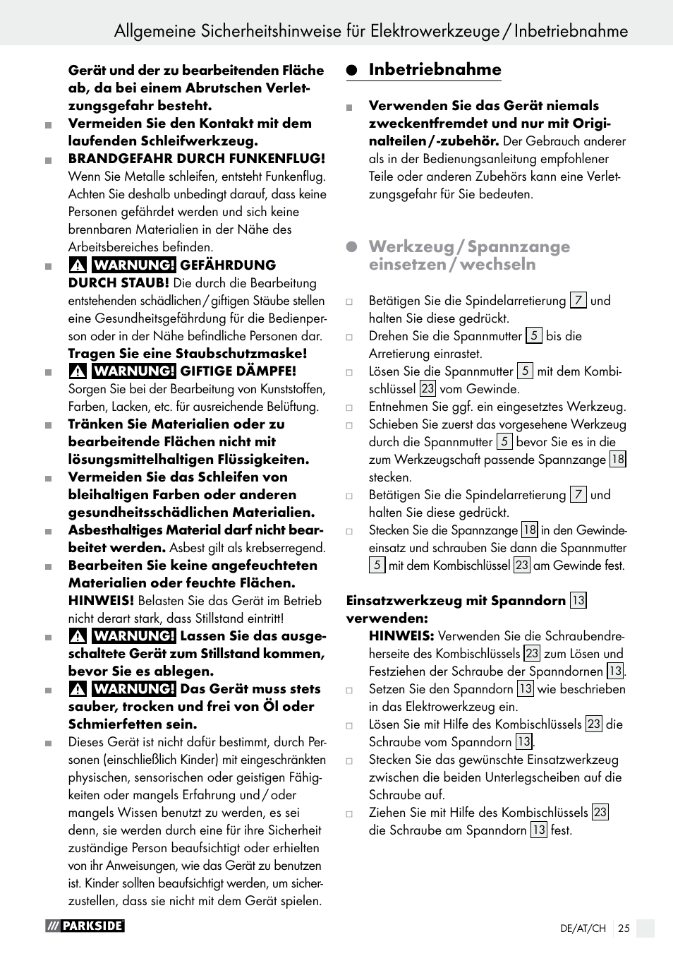 Inbetriebnahme, Werkzeug / spannzange einsetzen / wechseln | Parkside PMGS 12 B2 User Manual | Page 25 / 40