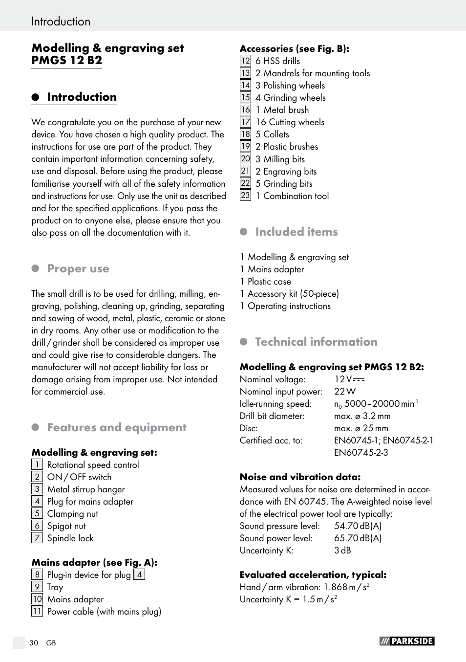 Modelling & engraving set pmgs 12 b2, Introduction, Proper use | Features and equipment, Included items, Technical information | Parkside PMGS 12 B2 User Manual | Page 30 / 40