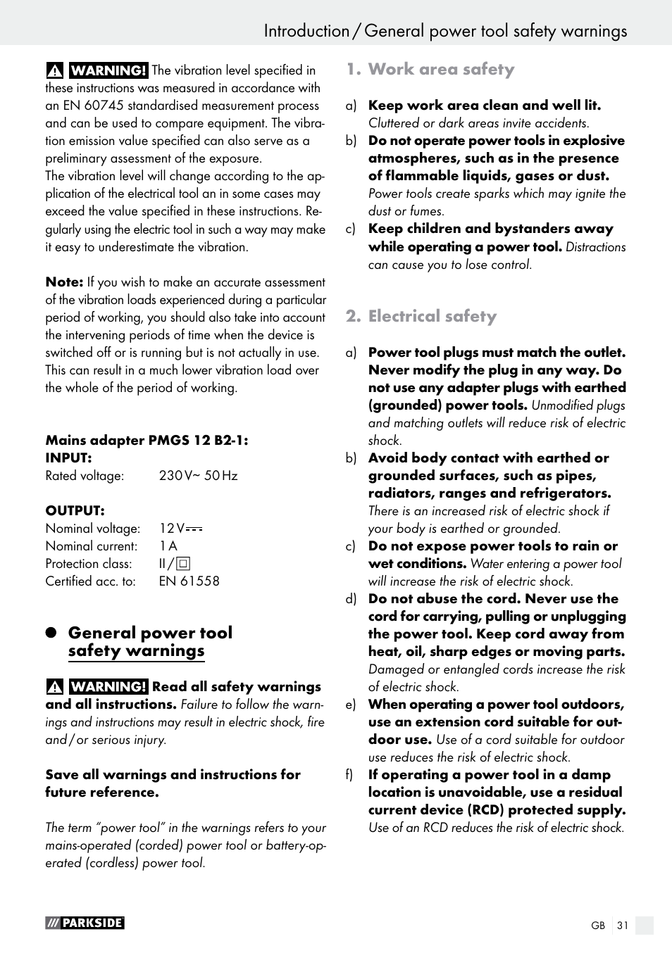 Introduction / general power tool safety warnings, General power tool safety warnings, Work area safety | Electrical safety | Parkside PMGS 12 B2 User Manual | Page 31 / 40